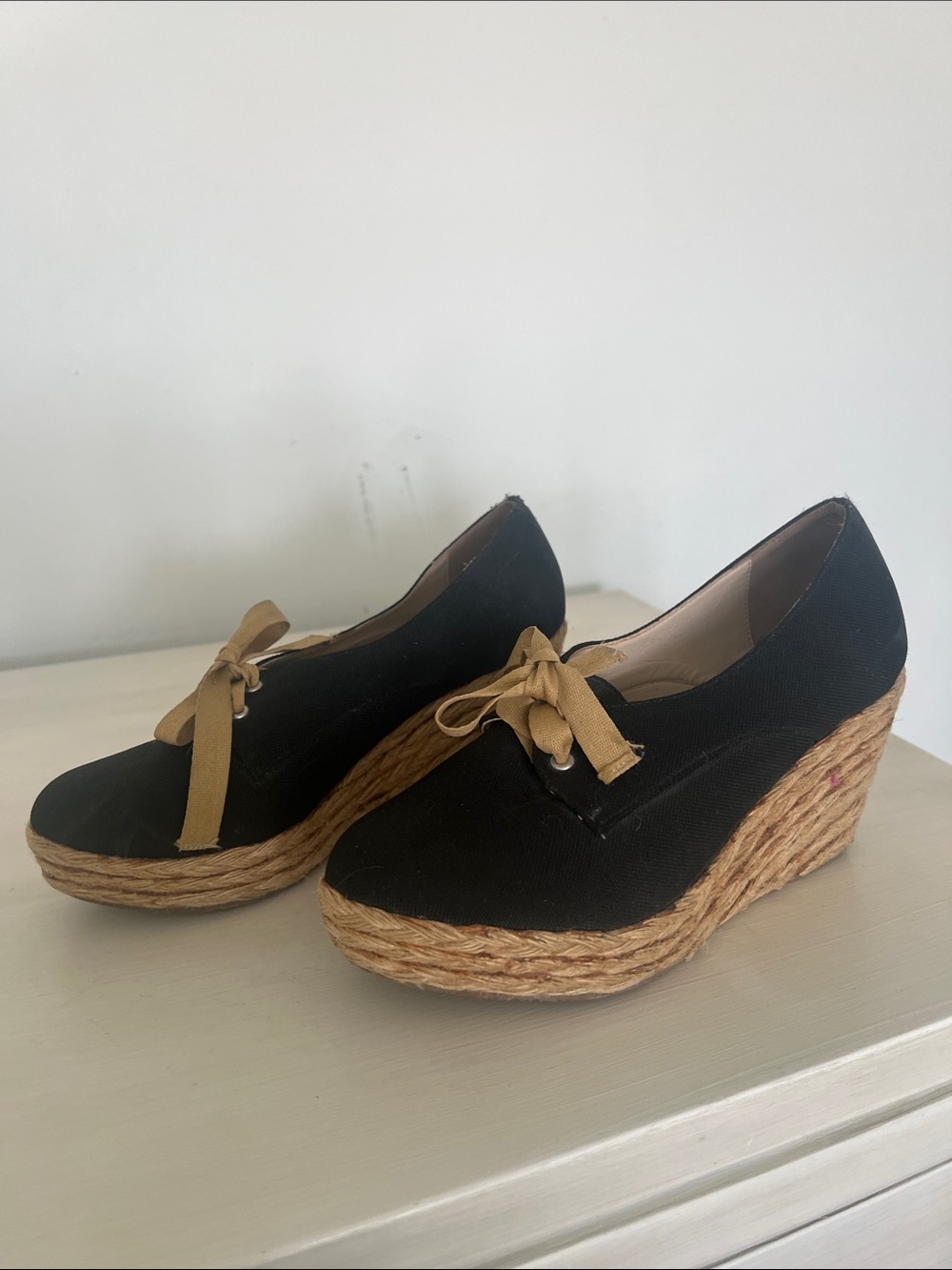 Black Canvas Wedge Espadrilles with Tan Bow Accent